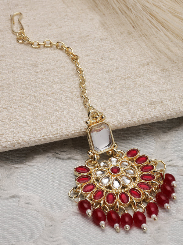 Gold-Plated Red & White Kundan studded Floral Shaped Maang Tikka