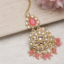 Gold-Plated  Teardrop Shaped Pink & White Kundan studded Maang Tikka