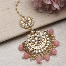Gold-Plated Pink Pearl & Kundan studded  Chandbali Maang Tikka