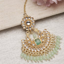 Gold-Plated Floral Light Green Pearl & Kundan studded  Chandbali Maang Tikka