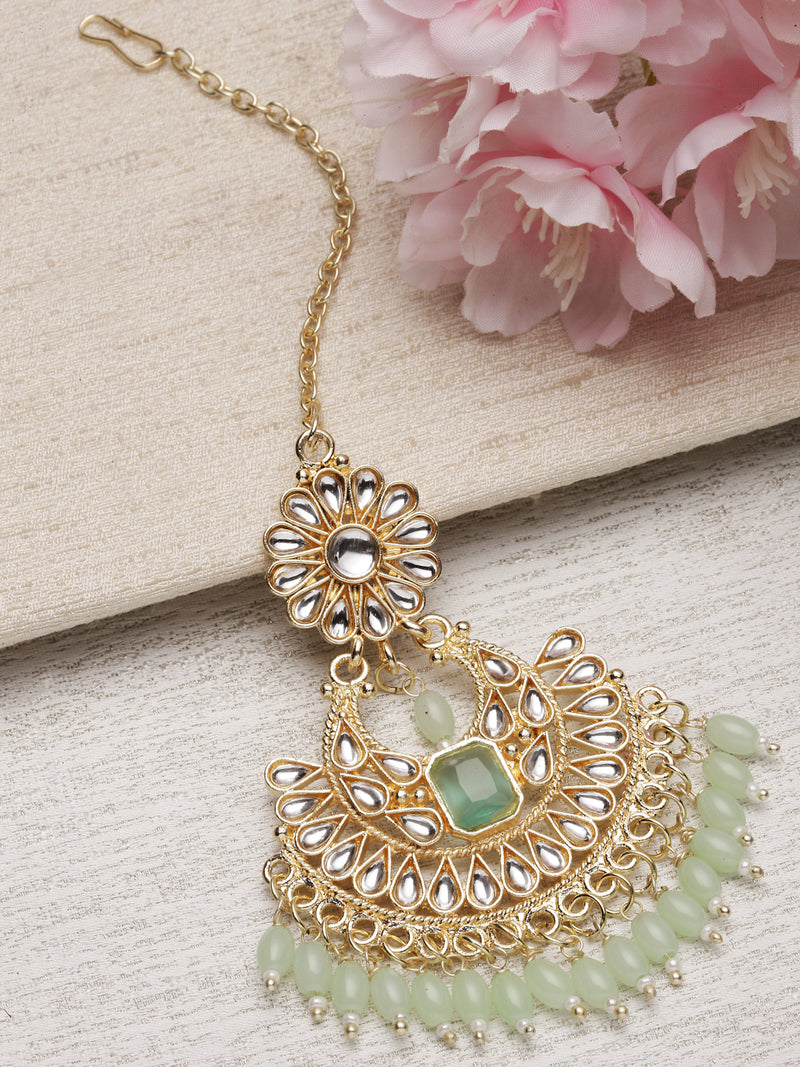 Green Maang Tikka Gold-Plated Floral Light Green Pearl Kundan