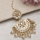Gold-Plated Floral White Pearl & Kundan studded  Chandbali Maang Tikka