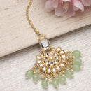 Gold-Plated Square White & Light Green Pearl & Kundan studded  Chandbali Maang Tikka
