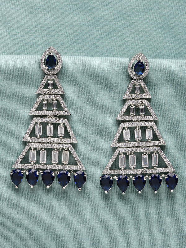 Rhodium-Plated Silver Toned Navy Blue & White American Diamond studded Triangular Shaped Drop Earrings