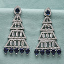 Rhodium-Plated Silver Toned Navy Blue & White American Diamond studded Triangular Shaped Drop Earrings