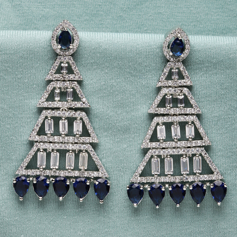 Rhodium-Plated Silver Toned Navy Blue & White American Diamond studded Triangular Shaped Drop Earrings