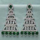Rhodium-Plated Silver Toned Green & White American Diamond studded Triangular Shaped Drop Earrings