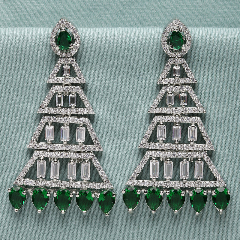 Rhodium-Plated Silver Toned Green & White American Diamond studded Triangular Shaped Drop Earrings