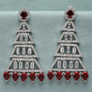 Rhodium-Plated Silver Toned Red & White American Diamond studded Triangular Shaped Drop Earrings