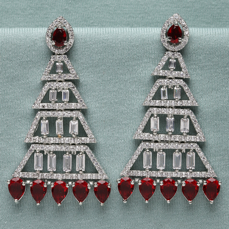 Rhodium-Plated Silver Toned Red & White American Diamond studded Triangular Shaped Drop Earrings