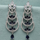 Rhodium-Plated Silver Toned Navy Blue & White American Diamond studded Crescent Shaped Drop Earrings