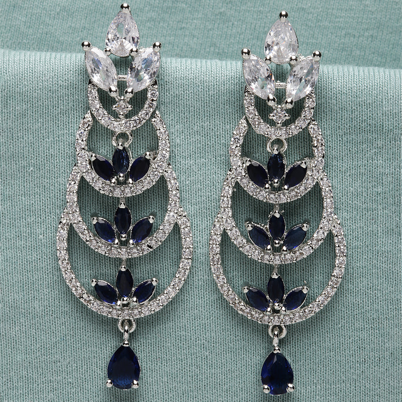Rhodium-Plated Silver Toned Navy Blue & White American Diamond studded Crescent Shaped Drop Earrings