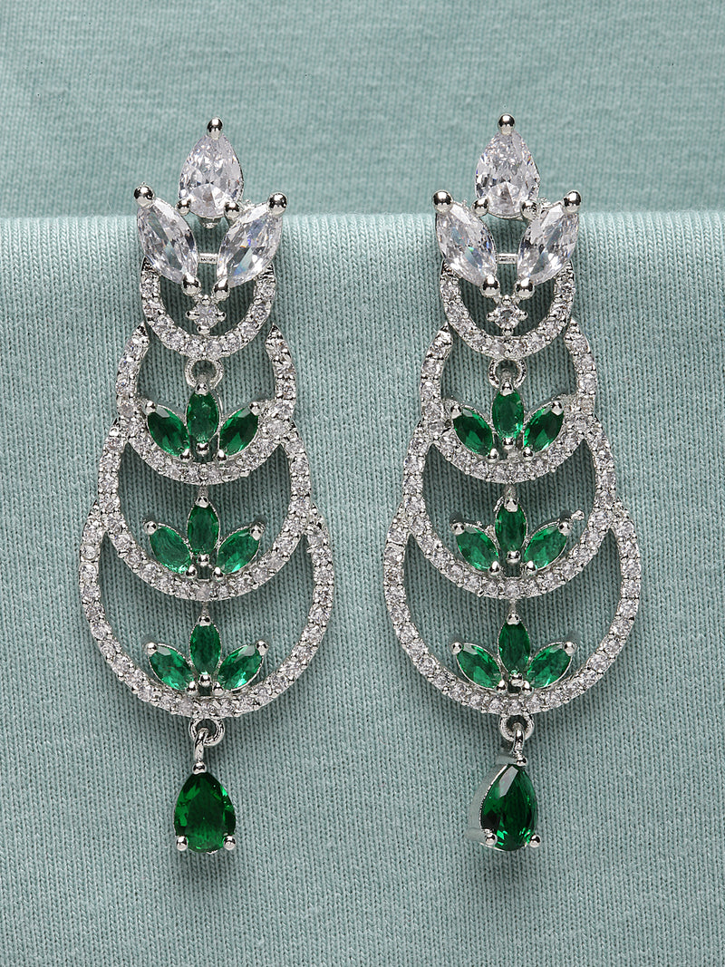 Rhodium-Plated Silver Toned Green & White American Diamond studded Crescent Shaped Drop Earrings