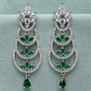 Rhodium-Plated Silver Toned Green & White American Diamond studded Crescent Shaped Drop Earrings