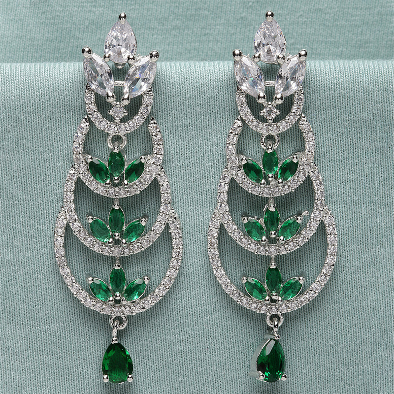 Rhodium-Plated Silver Toned Green & White American Diamond studded Crescent Shaped Drop Earrings