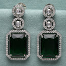 Rhodium-Plated Silver Toned Green & White American Diamond studded Geometric Shaped Drop Earrings