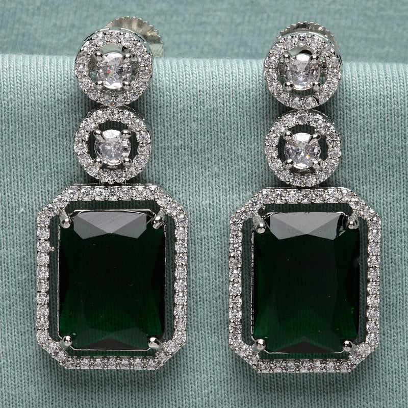 Rhodium-Plated Silver Toned Green & White American Diamond studded Geometric Shaped Drop Earrings
