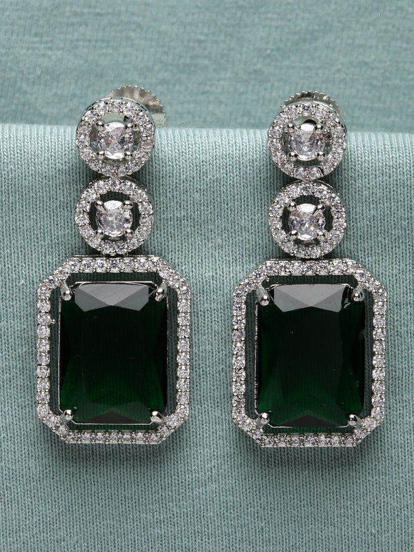 Rhodium-Plated Silver Toned Green & White American Diamond studded Geometric Shaped Drop Earrings