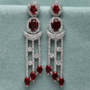 Rhodium-Plated Silver Toned Red & White American Diamond studded Crescent Shaped Drop Earrings