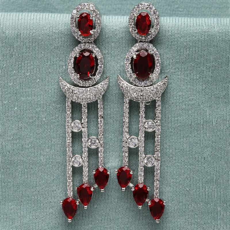 Rhodium-Plated Silver Toned Red & White American Diamond studded Crescent Shaped Drop Earrings