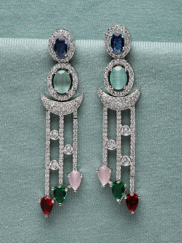 Rhodium-Plated Silver Toned Multi-Colour American Diamond studded Crescent Shaped Drop Earrings
