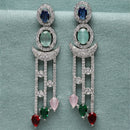 Rhodium-Plated Silver Toned Multi-Colour American Diamond studded Crescent Shaped Drop Earrings