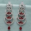 Rhodium-Plated Silver Toned Red & White American Diamond studded Crescent Shaped Drop Earrings