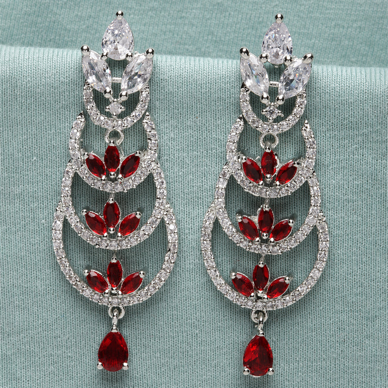 Rhodium-Plated Silver Toned Red & White American Diamond studded Crescent Shaped Drop Earrings