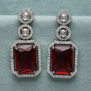 Rhodium-Plated Silver Toned Red & White American Diamond studded Geometric Shaped Drop Earrings