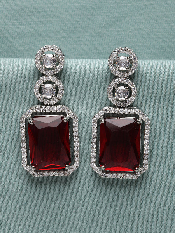 Rhodium-Plated Silver Toned Red & White American Diamond studded Geometric Shaped Drop Earrings