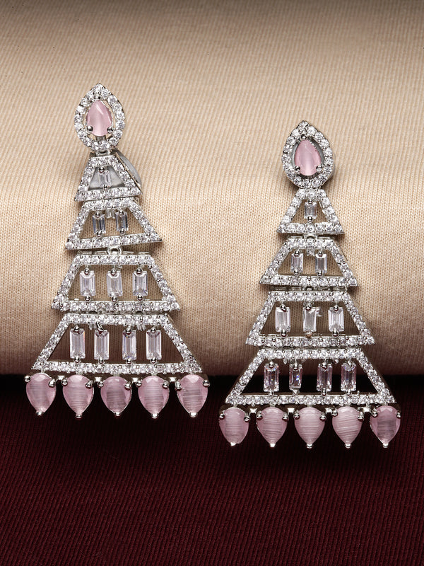 Rhodium-Plated Silver Toned Pink & White American Diamond studded Triangular Shaped Drop Earrings