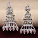 Rhodium-Plated Silver Toned Pink & White American Diamond studded Triangular Shaped Drop Earrings