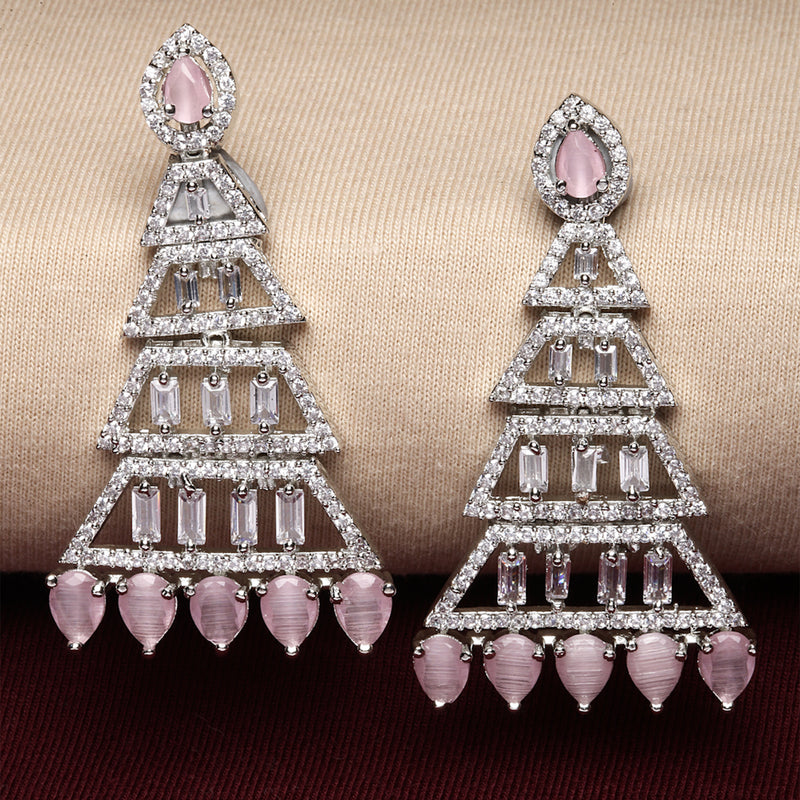 Rhodium-Plated Silver Toned Pink & White American Diamond studded Triangular Shaped Drop Earrings