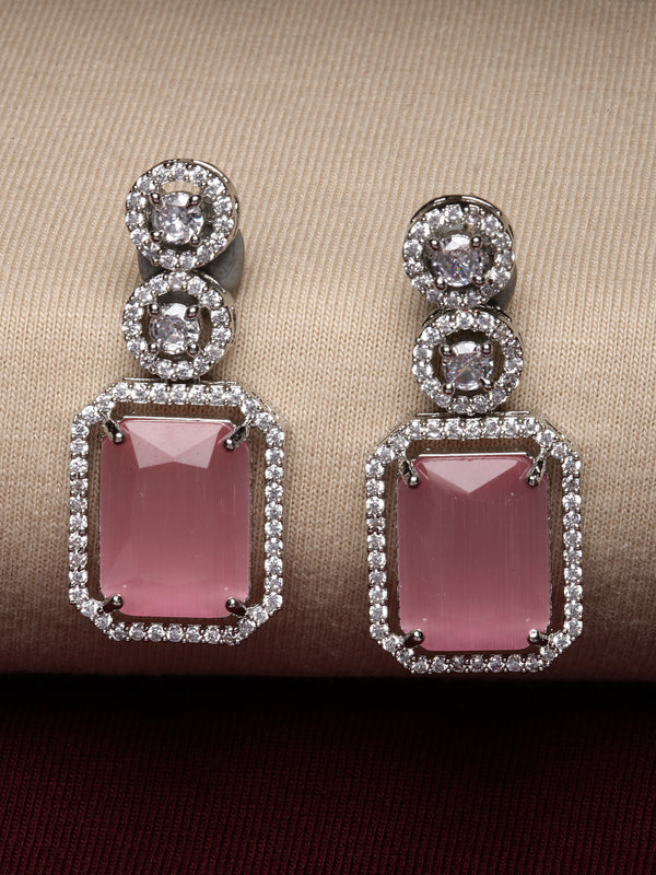 Rhodium-Plated Silver Toned Pink & White American Diamond studded Geometric Shaped Drop Earrings