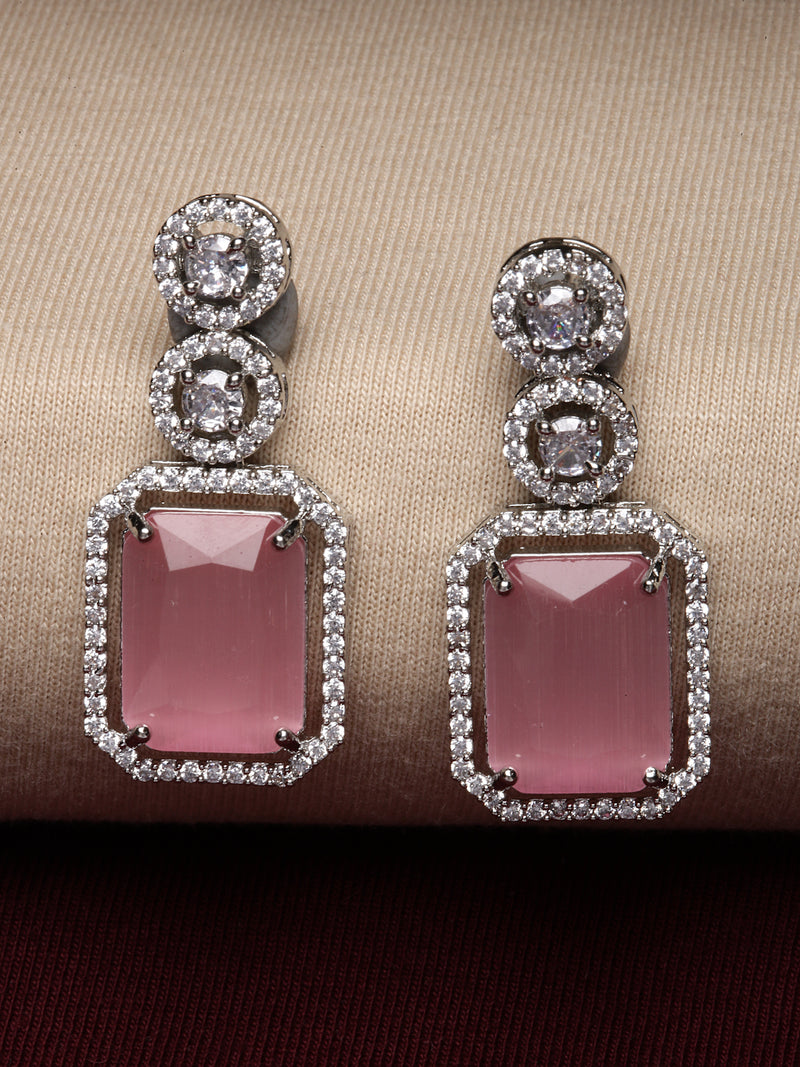 Rhodium-Plated Silver Toned Pink & White American Diamond studded Geometric Shaped Drop Earrings