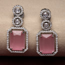 Rhodium-Plated Silver Toned Pink & White American Diamond studded Geometric Shaped Drop Earrings
