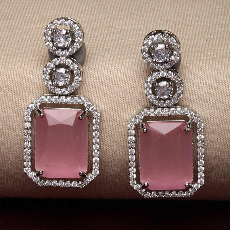 Rhodium-Plated Silver Toned Pink & White American Diamond studded Geometric Shaped Drop Earrings