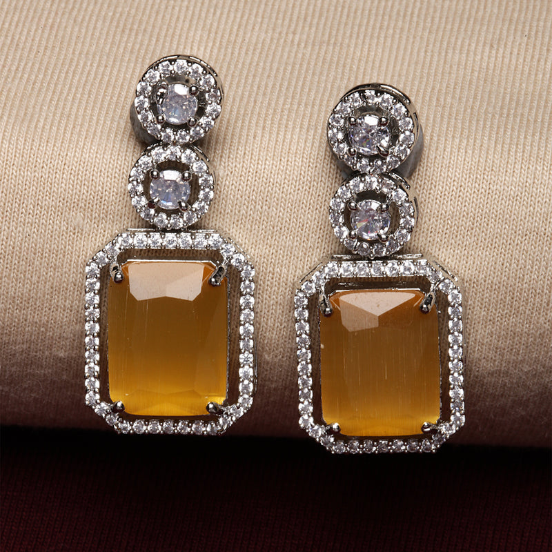Rhodium-Plated Silver Toned Yellow & White American Diamond studded Geometric Shaped Drop Earrings