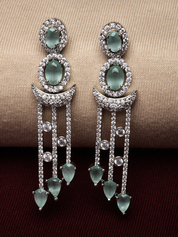 Rhodium-Plated Silver Toned Sea Green & White American Diamond studded Crescent Shaped Drop Earrings