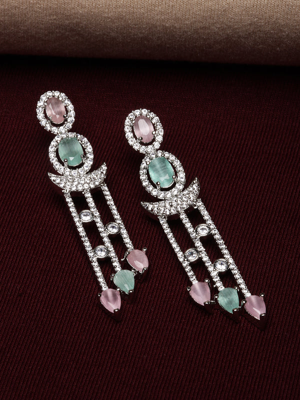 Rhodium-Plated Silver Toned Lime Green & Pink American Diamond studded Crescent Shaped Drop Earrings