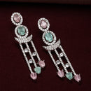 Rhodium-Plated Silver Toned Lime Green & Pink American Diamond studded Crescent Shaped Drop Earrings