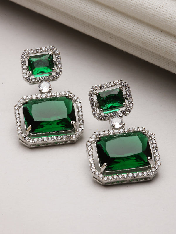 Rhodium-Plated Silver Toned Green & White American Diamond studded Square Shaped Drop Earrings
