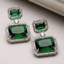 Rhodium-Plated Silver Toned Green & White American Diamond studded Square Shaped Drop Earrings