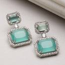 Rhodium-Plated Silver Toned Sea Green & White American Diamond studded Square Shaped Drop Earrings