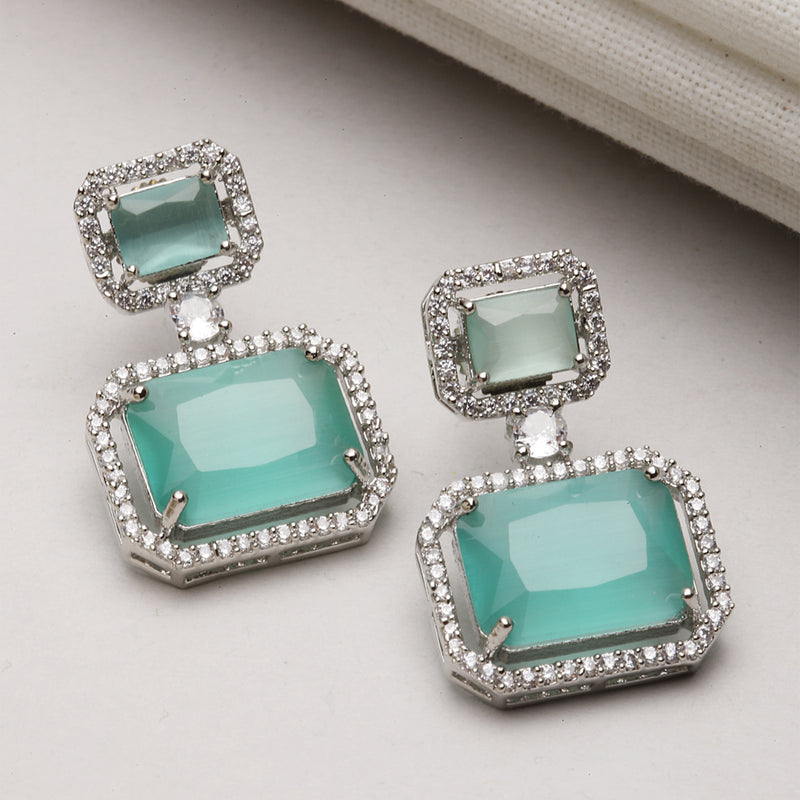 Rhodium-Plated Silver Toned Sea Green & White American Diamond studded Square Shaped Drop Earrings