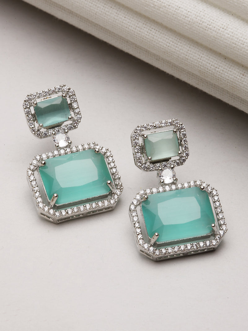 Rhodium-Plated Silver Toned Sea Green & White American Diamond studded Square Shaped Drop Earrings