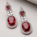 Rhodium-Plated Silver Toned Pink & White American Diamond studded Oval Shaped Drop Earrings