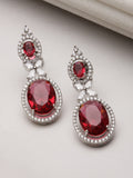 Rhodium-Plated Silver Toned Pink & White American Diamond studded Oval Shaped Drop Earrings