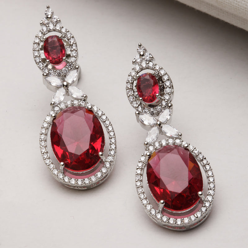 Rhodium-Plated Silver Toned Pink & White American Diamond studded Oval Shaped Drop Earrings