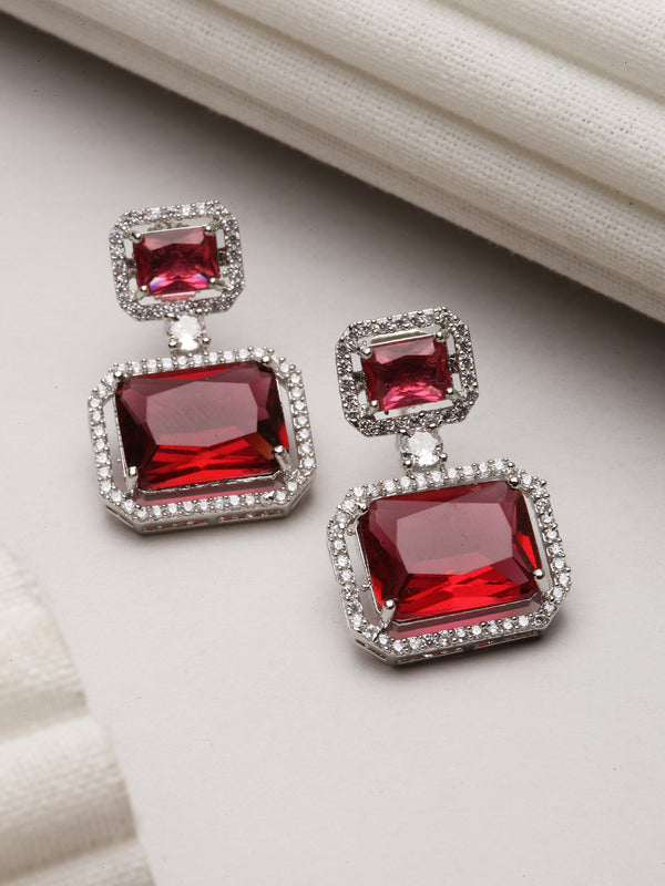Rhodium-Plated Silver Toned Red & White American Diamond studded Square Shaped Drop Earrings